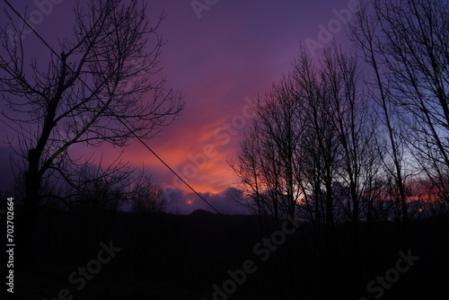 tramonto nuvoloso con cielo colorato e magico di inverno, alberi secchi, Torriglia, liguria photo