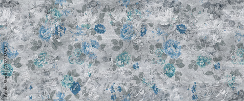 blue flowers pattern with cement texture background