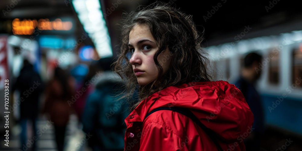 girl in a red raincoat on the subway platform Generative AI