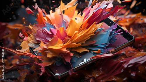 An abstract representation of a smashed smartphone, its screen displaying a burst of colors.