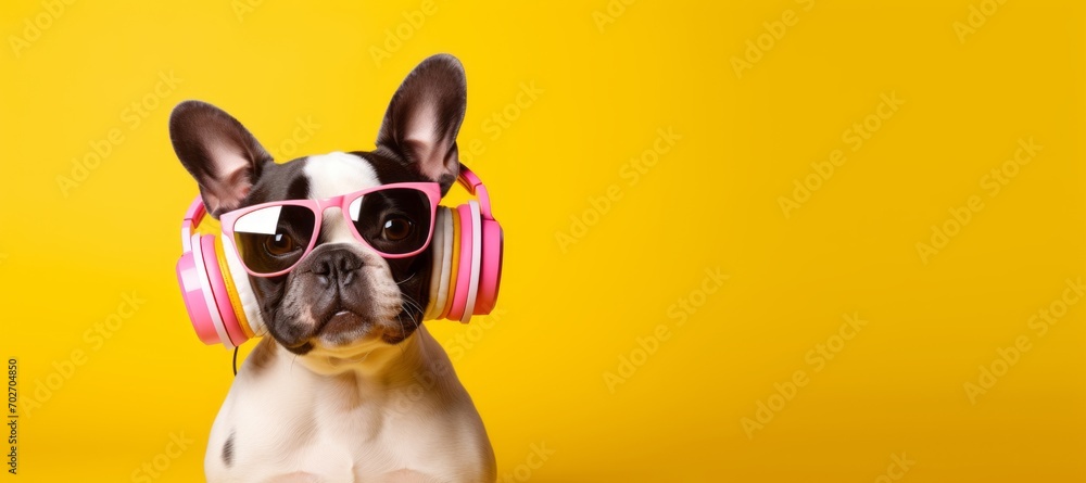 Portrait of a funny dog in headphones on a trendy color background with copy space