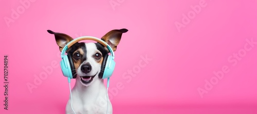 Portrait of a funny dog in headphones on a trendy color background with copy space photo