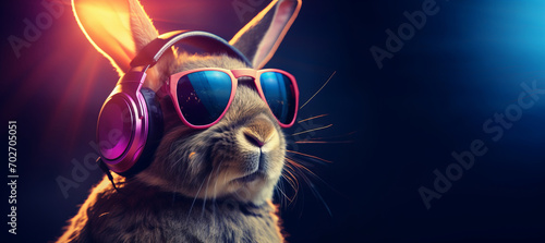 Rabbit in glasses plunged into the music. Rabbit listen to tunes in headphones with copy space photo