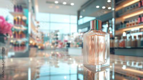 Perfume bottle on store window, scent of luxury