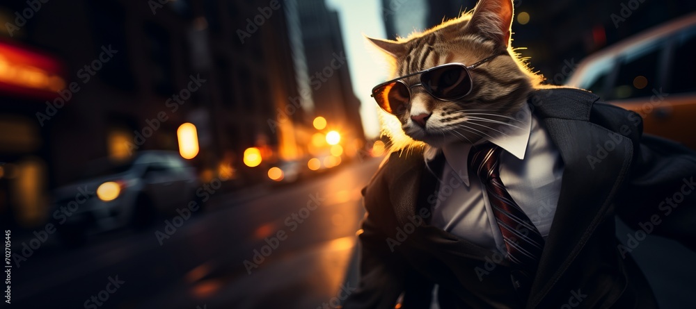 An elegant cat in a suit and sunglasses walks the streets. Business cat with copy space