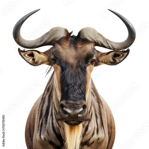 Closeup portrait of an african wildebeest isolated on a white background photo