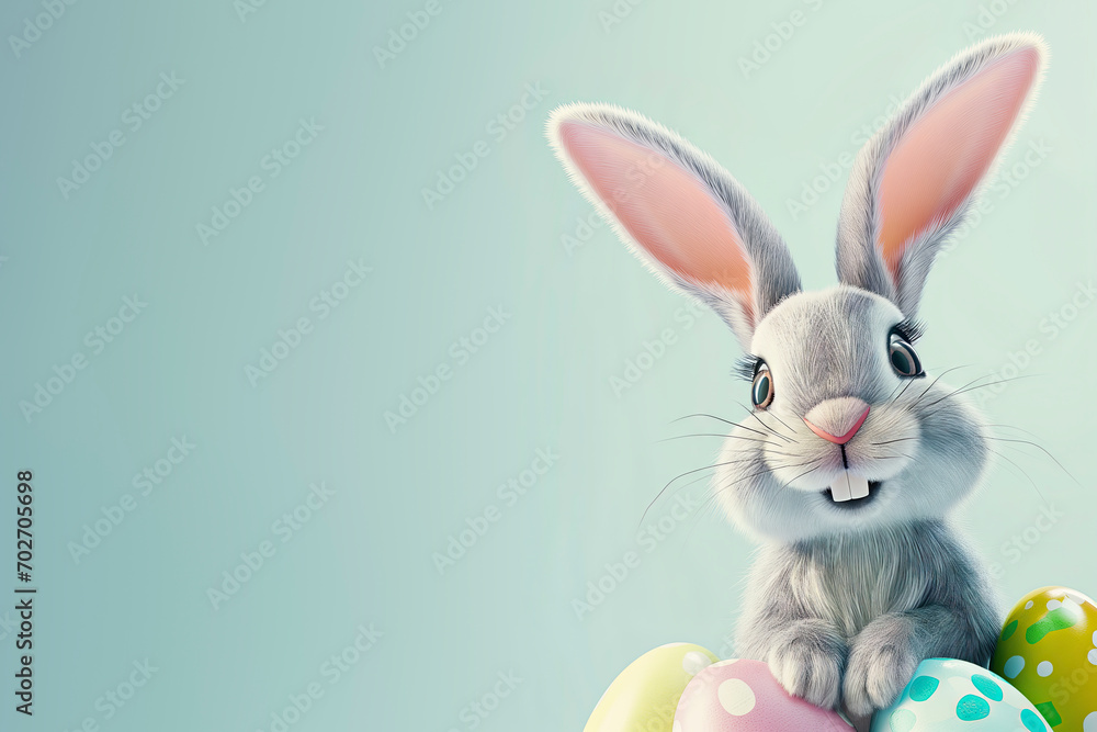 Obraz premium Cartoon Easter bunny against a blue background. Easter / spring theme with copy space for text
