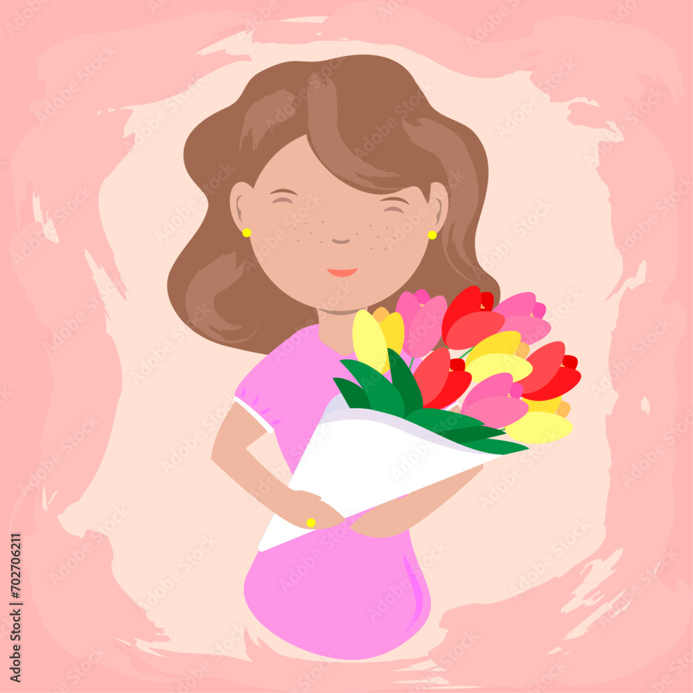 Woman with Flowers, Abstract Background, Mother's Day, Valentine's Day, Birthday, Romantic, Flat Design, Women's Day, Bouquet, Vector Illustration Woman with Flowers, Abstract Background, Mother's Day, Valentine's Day, Birthday, Romantic, Flat Design, Women's Day, Bouquet, Vector Illustration