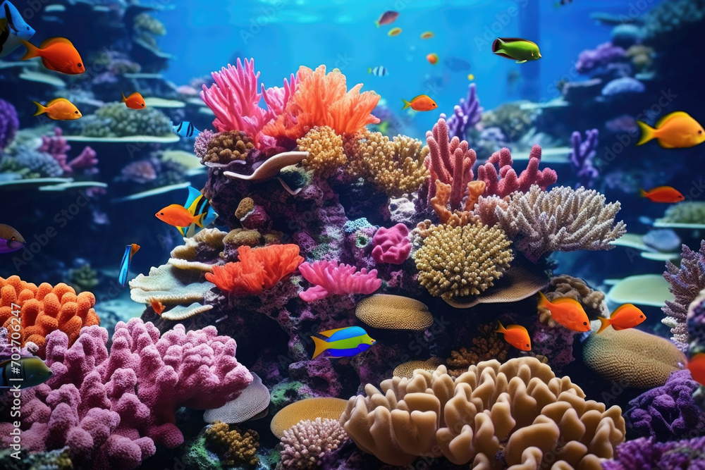 Obraz premium Colorful coral reef teeming with tropical fish and other marine life.