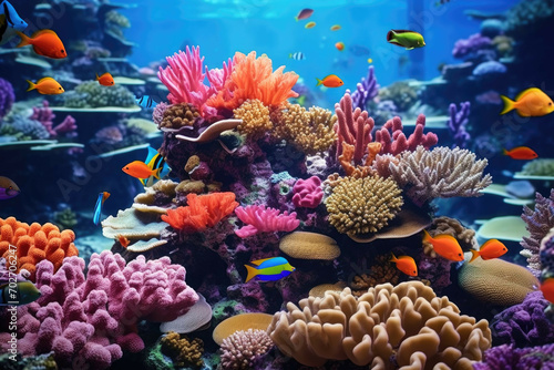 Colorful coral reef teeming with tropical fish and other marine life. © Michael Böhm