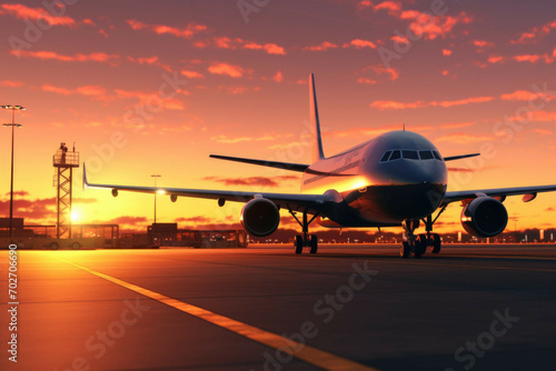 Cargo plane parked on runway at sunset