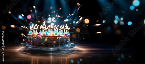 Bright birthday cake with candles with copy space