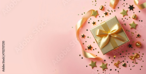 Christmas composition with decorations and gift box with pink background, generative ai