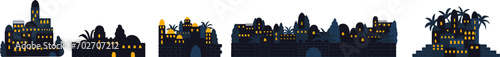 Set of night scene cityscapes of ancient biblical city. Decoration for museum event flyer, children illustration, bible,cards,print.