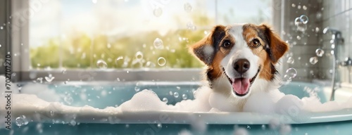 A cheerful dog enjoying a bubble bath with a window view. A happy canine with a bright expression sits in a sudsy tub. Panorama with copy space. National dog day.