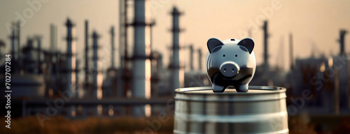 Investing in Black Gold: Piggy Bank on the background of Oil Refinery. Monetary Prospects in the Energy Sector. Concept of savings with the lucrative energy industry, rising oil barrel prices. photo