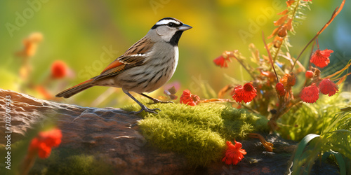 red backed shrike, selective image of brown sparrow rest on the park, A Sparrow Sits On A Flower Near Bokeh Background, generative AI