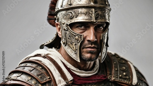 Middle-aged man portraying a Roman centurion with a realistic helmet and armor, serious expression, against a grey backdrop, reflecting historical accuracy and strength. photo