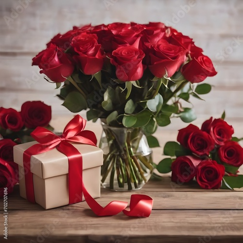 Couquet of red roses and gift with ribbons on wooden table  close up. Valentine s Day celebration