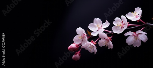 Tender cherry blossom on a dark background with copy space