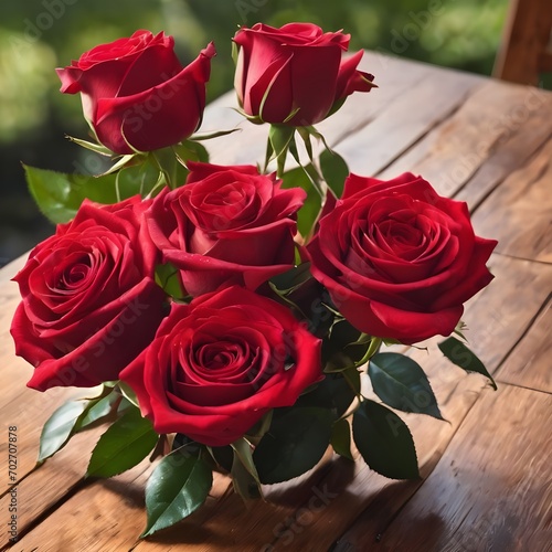 Couquet of red roses and gift with ribbons on wooden table  close up. Valentine s Day celebration