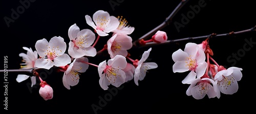 Tender cherry blossom on a dark background with copy space