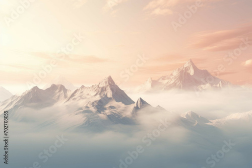 Abstract mountain range with snow-capped peaks and misty valleys