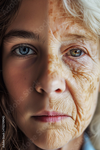 A face, half young girl and half elderly woman