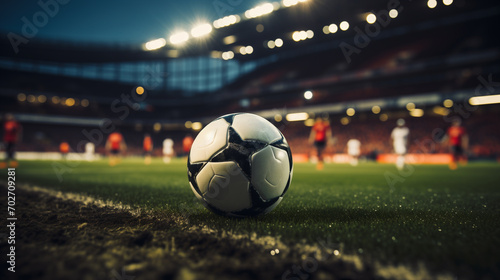 Pallone da calcio sull'erba di un campo da calcio di uno stadio all'imbrunire con luci accese © Wabisabi