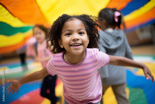 Happy girl child playing having fun at indoor park playground. Generative AI