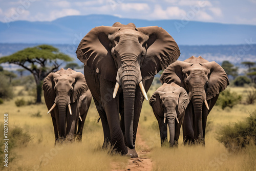 Elephant family having a walk in savannah. Generative AI