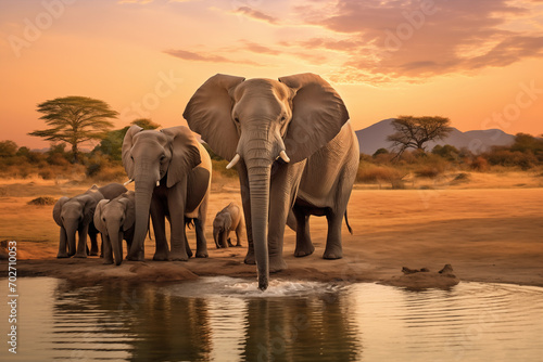 Elephant family drinking water in savannah. Generative AI