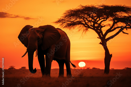 Elephant silhouette nearly tree on sunset in savannah. Generative AI