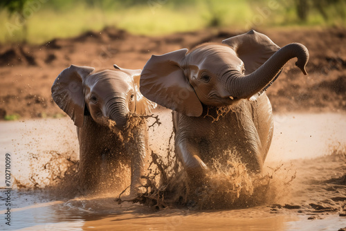 Two baby elephants playing in mud. Generative AI