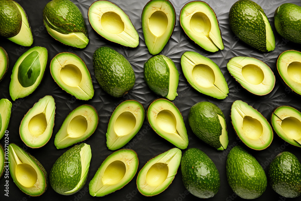 Top view of isolated halves of avocadoes. Generative AI Top view of isolated halves of avocadoes. Generative AI