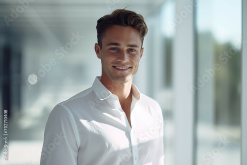 a young man in a white shirt is smiling in front of a glass wall photo