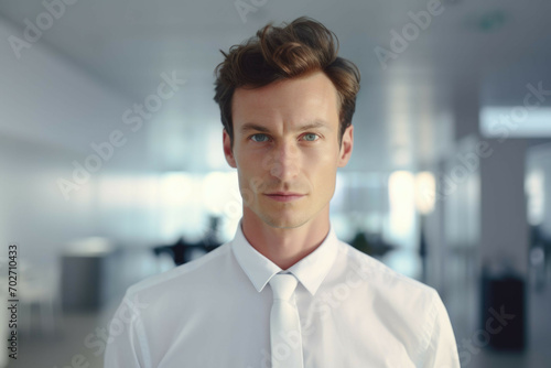 young business man in white shirt in a bright office scene