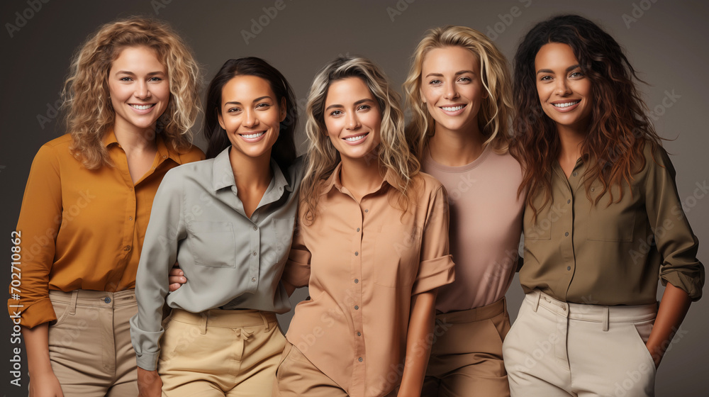 Portrait of five young caucasian women on caramel background Portrait of five young caucasian women on caramel background