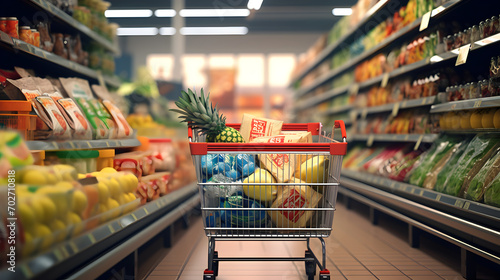 A shopper's perspective at a brightly lit grocery store aisle, with a shopping cart, fresh produce and packaged goods on display