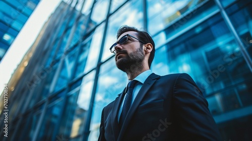 Sharp-suited executive, focused on research, surrounded by a sky-blue ambiance.