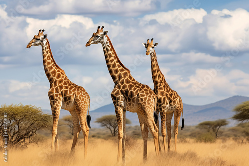Three young giraffes standing in savannah. Generative AI