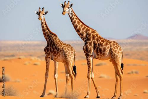Two young giraffes standing in savannah. Generative AI © Nomad_Soul