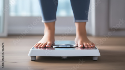 Closeup of woman standing on weighing machine, monitoring her weight and progress towards fitness goals
