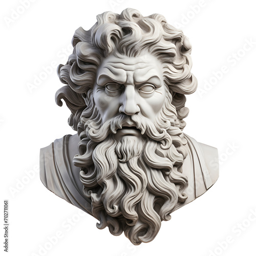 Detailed stone sculpture of Zeus, powerful god from Greek mythology, isolated on a white background