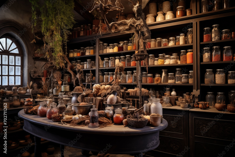 Creepy medieval witch kitchen spooky interior. Generative AI