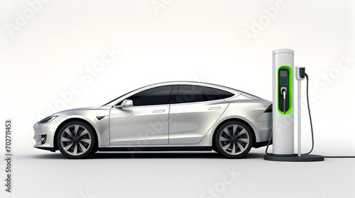 Modern electric vehicle (EV) plugged into a charging station, depicting advanced green technology, isolated on a white background
