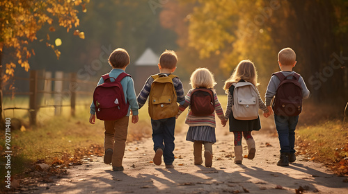 Young children walk together in friendship, going to school with bags