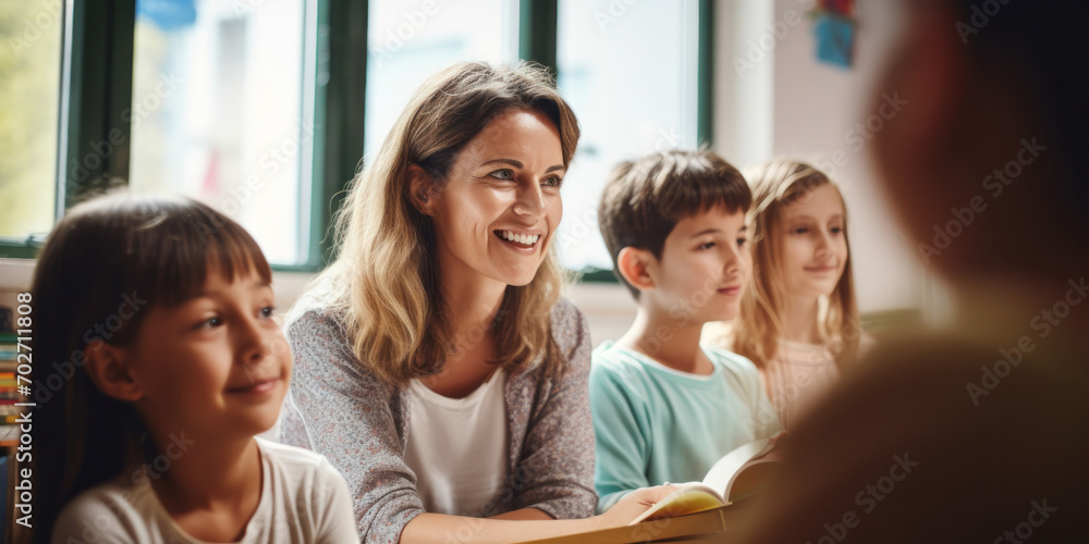 Obraz premium A diverse group in a classroom, studying, enjoying friendship, and learning together.