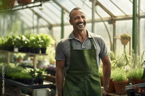 smiling gardener wearing a green apron in greenhouse photo