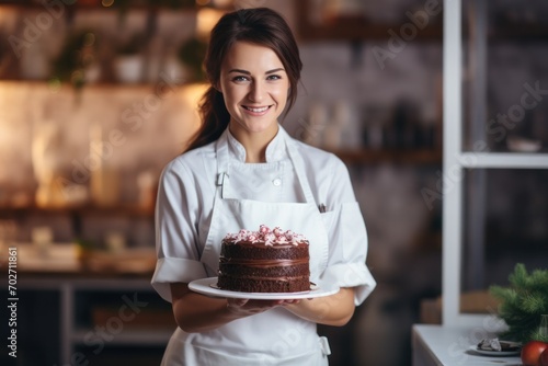 A cheerful young pastry chef presents a delicious chocolate cake in a bakery kitchen.